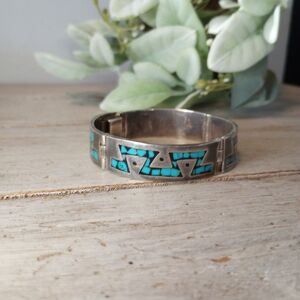 Sterling Silver Taxco Mexico TM 925 Panel Aztec Bracelet Navajo Turquoise 1.8 Oz
